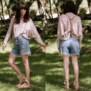 THE GREAT. The Easy Cut Off Prairie Slouchy Boyish Denim Shorts Fray Hem Blue 25